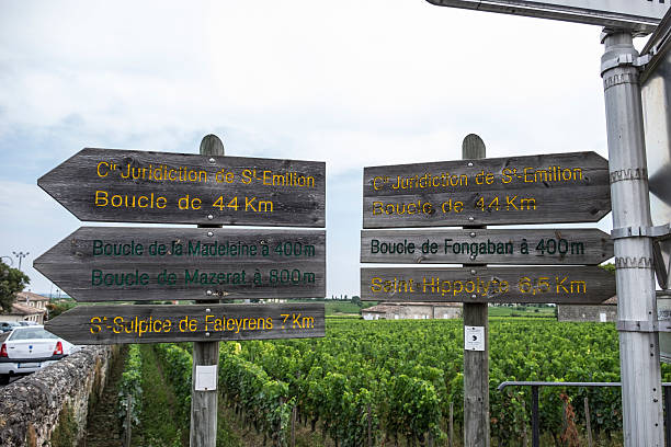 st. emilion le indicazioni con vigneto a sfondo - st hippolyte foto e immagini stock