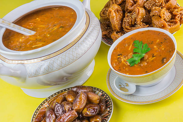 istock Bowl of Moroccan harira soup,chebakia, dates for iftar 538151368