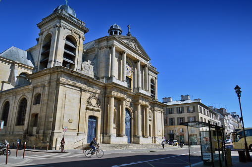 Versailles, France - April 19, 2015: Street scene of Versailles in front of Church of Notre-Dame, France
