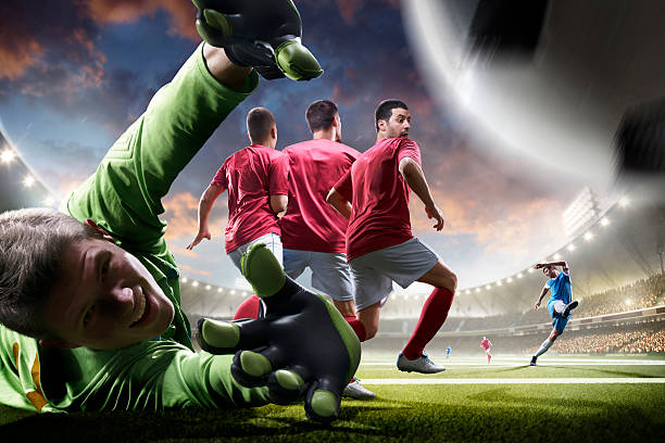 istock Soccer players in action on sunset stadium background panorama 538152762