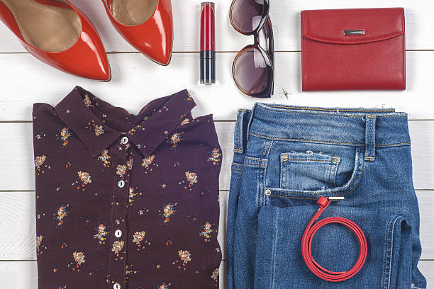 istock Women clothing set and accessories on light  background. 538155526
