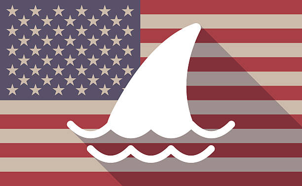 illustrazioni stock, clip art, cartoni animati e icone di tendenza di lunga ombra icona bandiera statunitense con pinne di squalo - spinarolo immagine