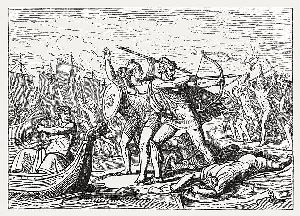 Ulysses fight against the Cicones, Greek mythology, published in 1880 Ulysses (Odysseus) fight against the Cicones. Scene from the Greek Mythology. Wood engraving, published in 1880. ulysses stock illustrations