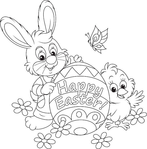 Easter Bunny and Chick Little rabbit and chicken holding a colorfully colored Easter egg hare and leveret stock illustrations