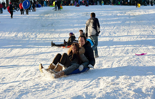 sled riding en central park después de una tormenta de nieve nemo - nemo museum fotografías e imágenes de stock