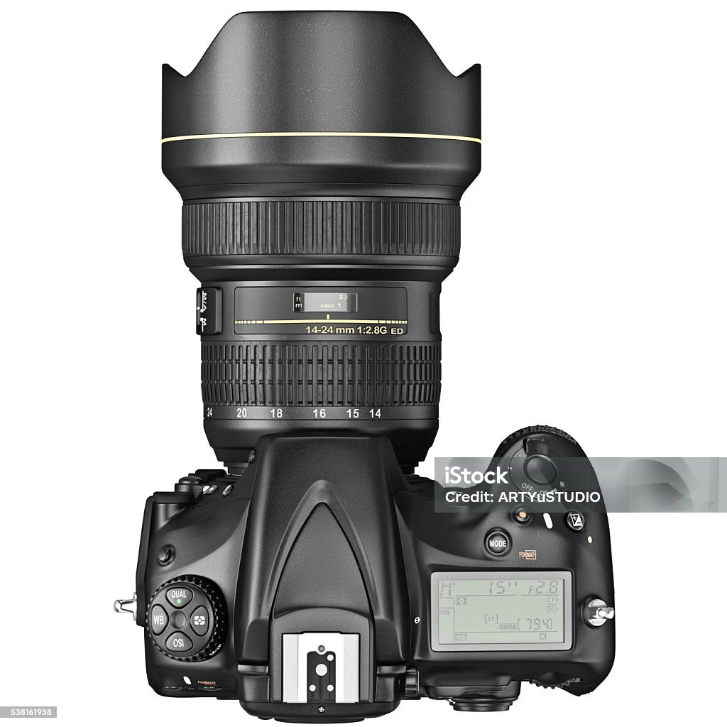 DSLR photo camera, top view DSLR camera, lens optical zoom, top view. 3D graphic Camera - Photographic Equipment Stock Photo