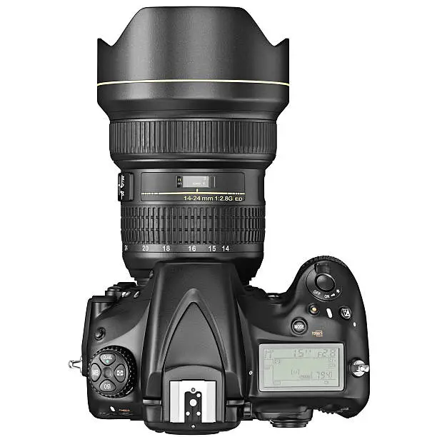 DSLR camera, lens optical zoom, top view. 3D graphic