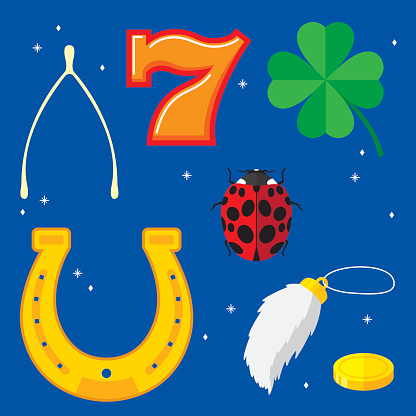 Vector illustration of seven lucky items in flat style.  Items include: wishbone, horseshoe,four leaf clover, number 7,lady bug,rabbit's foot, and gold coin.