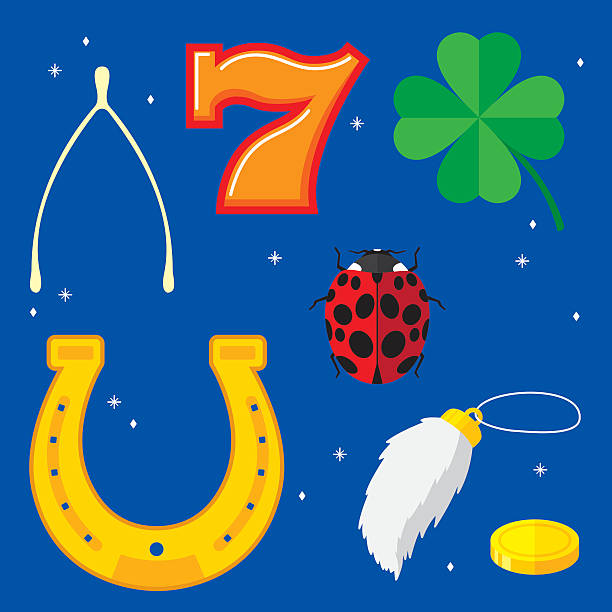 Lucky Items Flat Vector illustration of seven lucky items in flat style.  Items include: wishbone, horseshoe,four leaf clover, number 7,lady bug,rabbit's foot, and gold coin. good luck stock illustrations