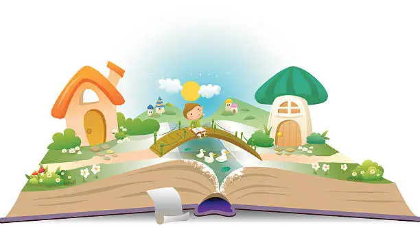 Vector illustration of Open book with boy and fairy landscape