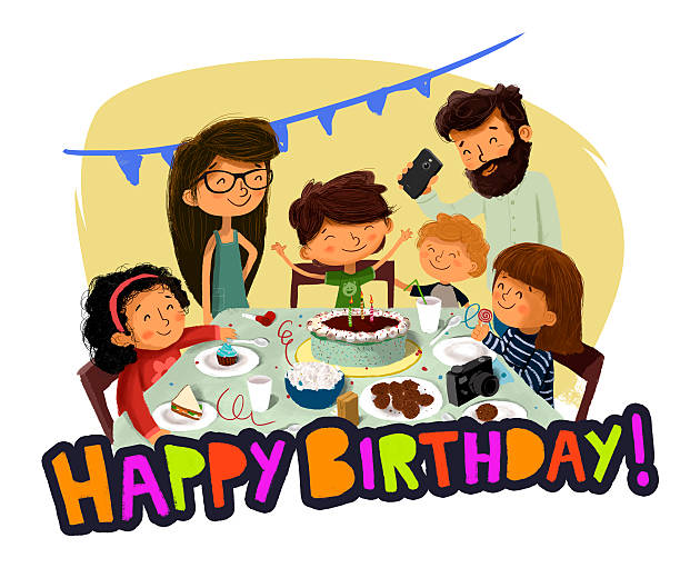happy birthday party Family birthday party . Celebrating a child's birthday . Drawing for a postcard or greeting birthday happy birthday cousin images stock illustrations