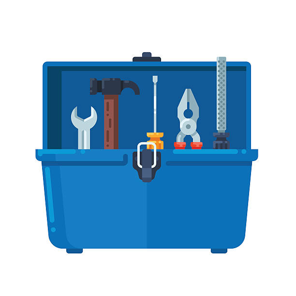 toolbox mit ausstattung. - werkzeugkoffer stock-grafiken, -clipart, -cartoons und -symbole