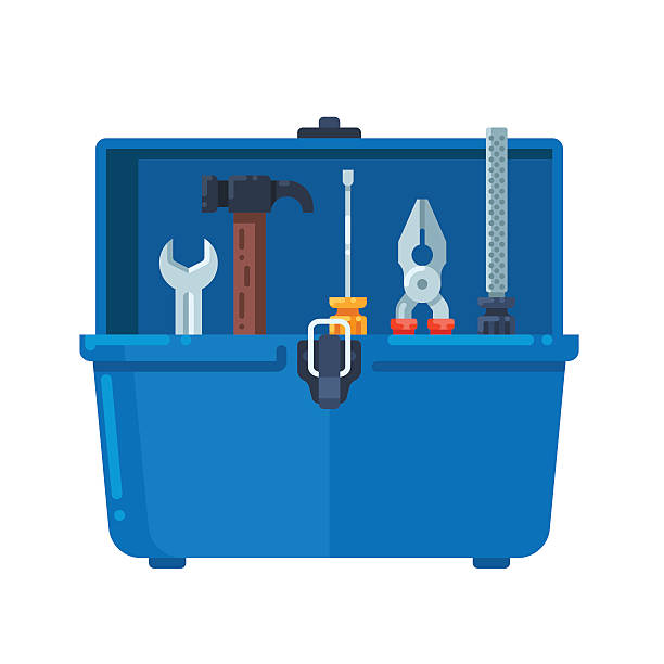 writing toolkit clipart Toolbox full of equipment. Toolbox full of equipment. Vector flat illustration isolated on white background. toolbox stock illustrations