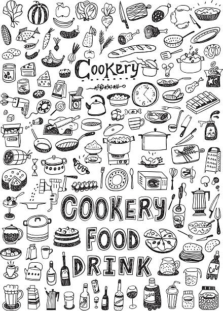 cooking food doodles cooking food set icons in sketch style cooking drawings stock illustrations