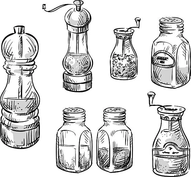 Vector illustration of Salt and pepper shakers. Spice containers.