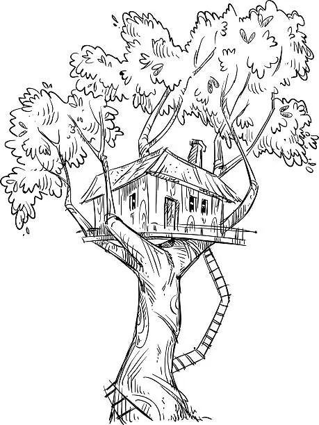 Vector illustration of Treehouse. Hand drawn, vector illustration