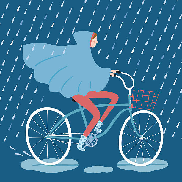 niedlich mädchen radfahrer unter der regendusche regen vektor-illustration - bicycle pedal pedal bicycle macro stock-grafiken, -clipart, -cartoons und -symbole