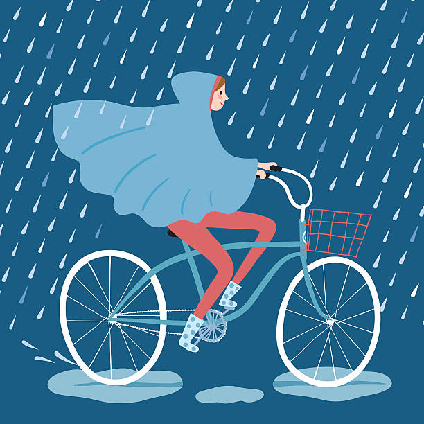 ilustraciones, imágenes clip art, dibujos animados e iconos de stock de lindo joven ciclista bajo la lluvia ilustración de vectores - bicycle pedal pedal bicycle macro