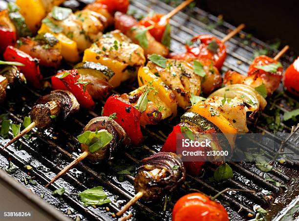 Vegetable And Meat Skewers In A Herb Marinade Stock Photo - Download Image Now - Vegetable, Grilled, Barbecue Grill