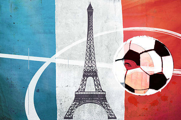 collage of eiffel tower and soccer ball on concrete background
