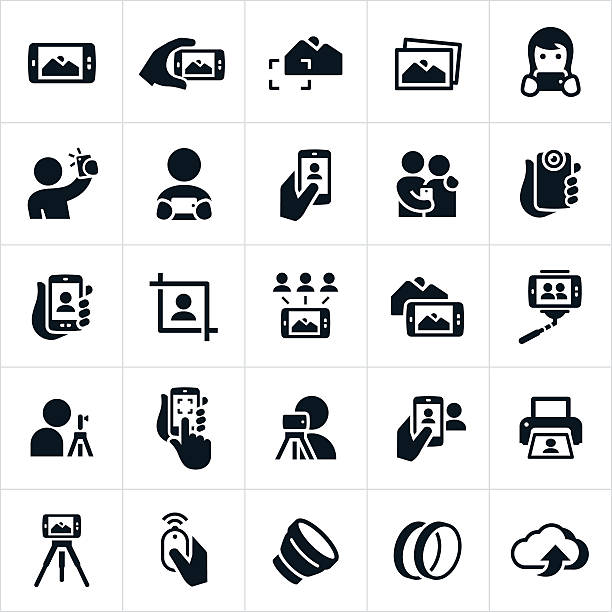 ilustraciones, imágenes clip art, dibujos animados e iconos de stock de fotografía móvil iconos - mensaje de móvil