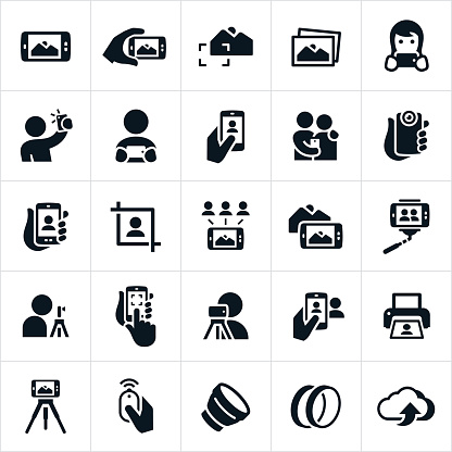 Icons related to mobile photography using a smartphone or other mobile device. The icons show several situations of individuals taking photos of landscapes, people and others (including selfies) using their mobile device. The icons also include some common gear and equipment associated with mobile photography.