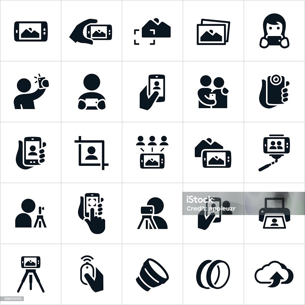 Mobile Photography Icons Icons related to mobile photography using a smartphone or other mobile device. The icons show several situations of individuals taking photos of landscapes, people and others (including selfies) using their mobile device. The icons also include some common gear and equipment associated with mobile photography. Icon stock vector