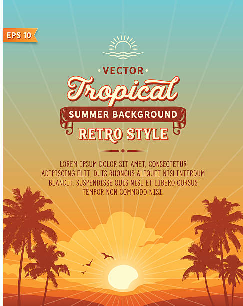 Tropical Beach Background Tropical summer vacation background with palm trees, sunset and text. File is layered with global colors.Hi res jpeg without text included.Fonts used: Hanley Font Collection. sunset stock illustrations
