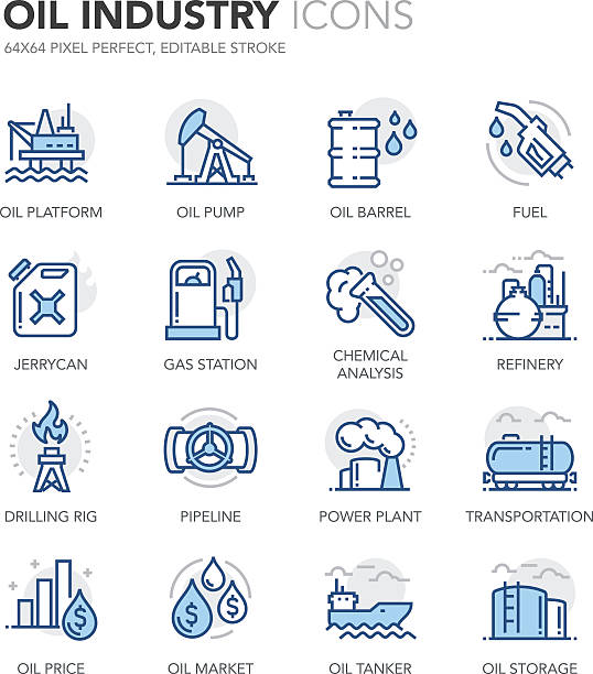 ilustraciones, imágenes clip art, dibujos animados e iconos de stock de línea azul iconos de industria de petróleo - gasolina