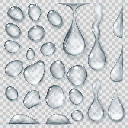 Set of transparent drops of different shapes in gray colors. Transparency only in vector format. Vector illustrations. EPS10 and JPG are available