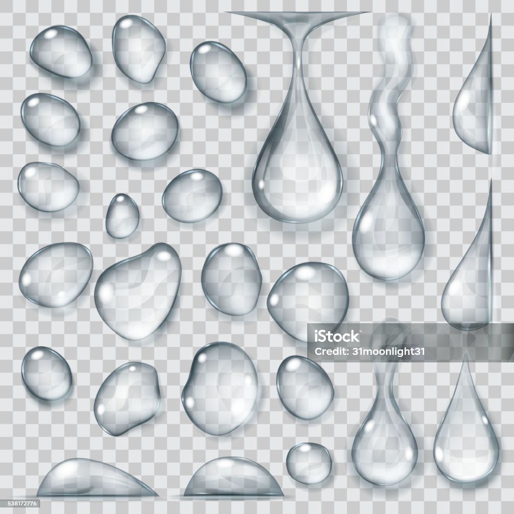 Transparent gray drops. Transparency only in vector format Set of transparent drops of different shapes in gray colors. Transparency only in vector format. Vector illustrations. EPS10 and JPG are available Drop stock vector