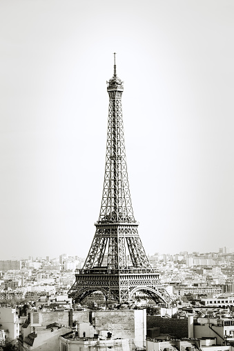 A beautiful shot of the Eiffel Tower during day with a grey sky in the background