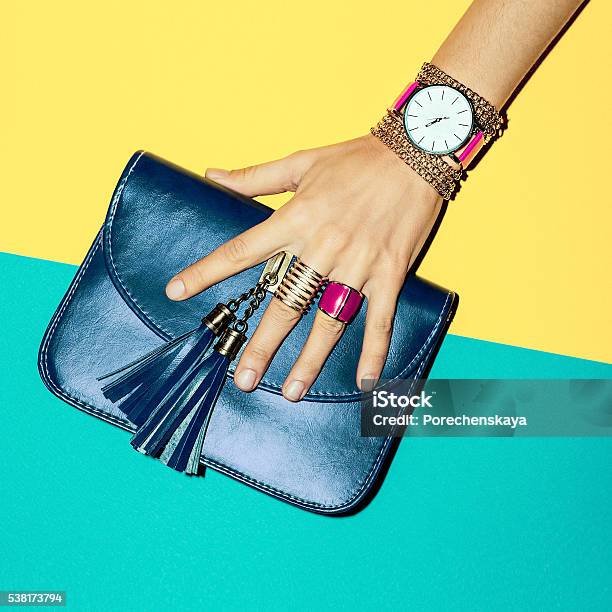 Bright Summer Fashion Accessories Ladies Stylish Clutch And Jewelry Stock Photo - Download Image Now