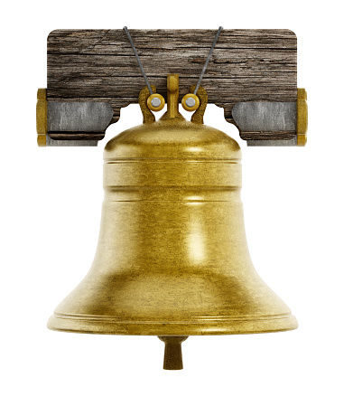 Brass church bell hanging on the old wood part isolated on white.