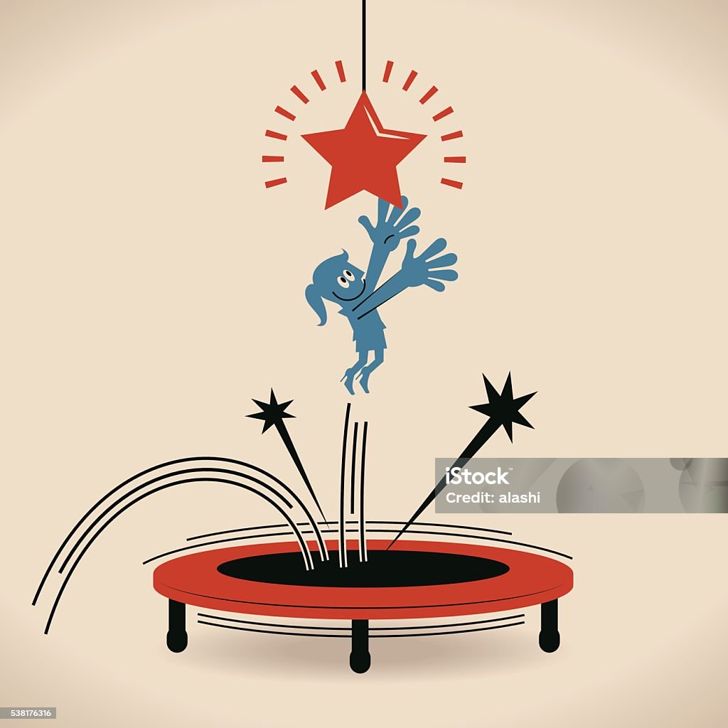 Businesswoman Trying To Catch Star By Jumping On Trampoline Stock Illustration - Image Now - iStock