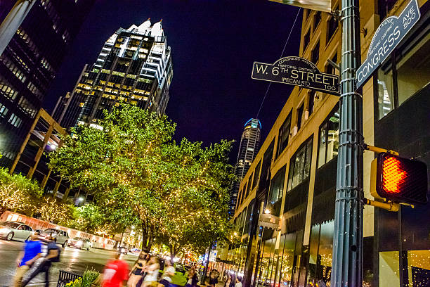 Austin TX downtown cityscape city life night, 6th Street.