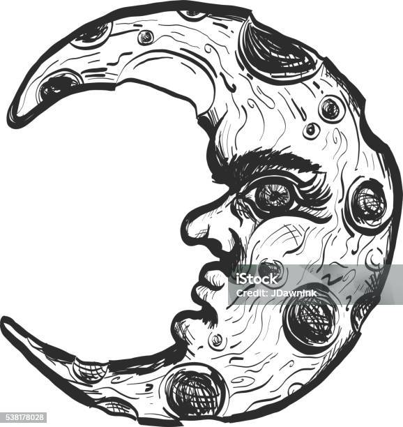Sketchy Man In The Moon Crescent Face Stock Illustration - Download Image Now - Man in the Moon, Black And White, Crescent