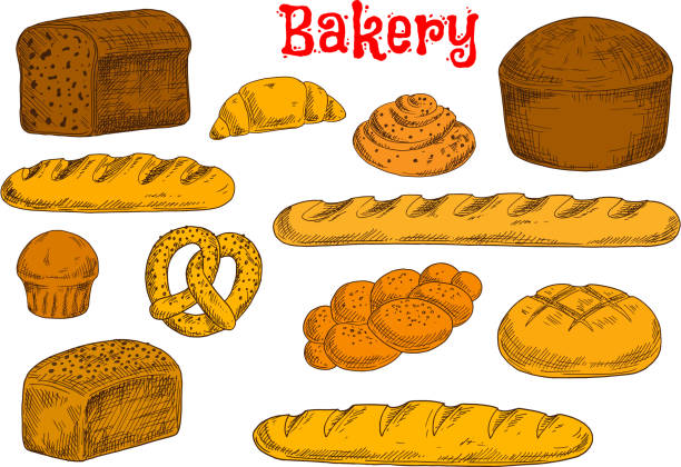 ilustraciones, imágenes clip art, dibujos animados e iconos de stock de pan recién horneado y bollos de iconos de tienda de diseño panadería - pretzel sesame vector snack