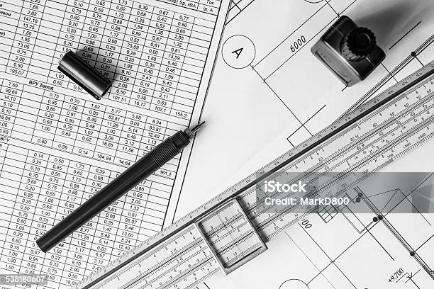 Draw A Diagram Tools For Sketching On The Table Stock Photo - Download Image Now - 2015, Architecture, Blueprint