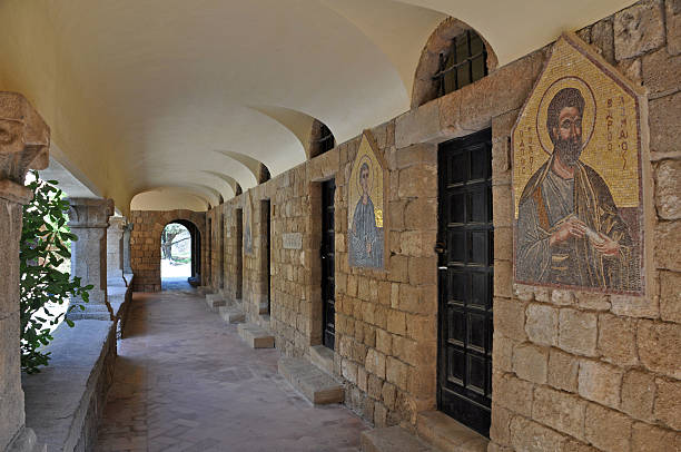 Frescoes at Ialyssos Monastery Rhodes stock photo