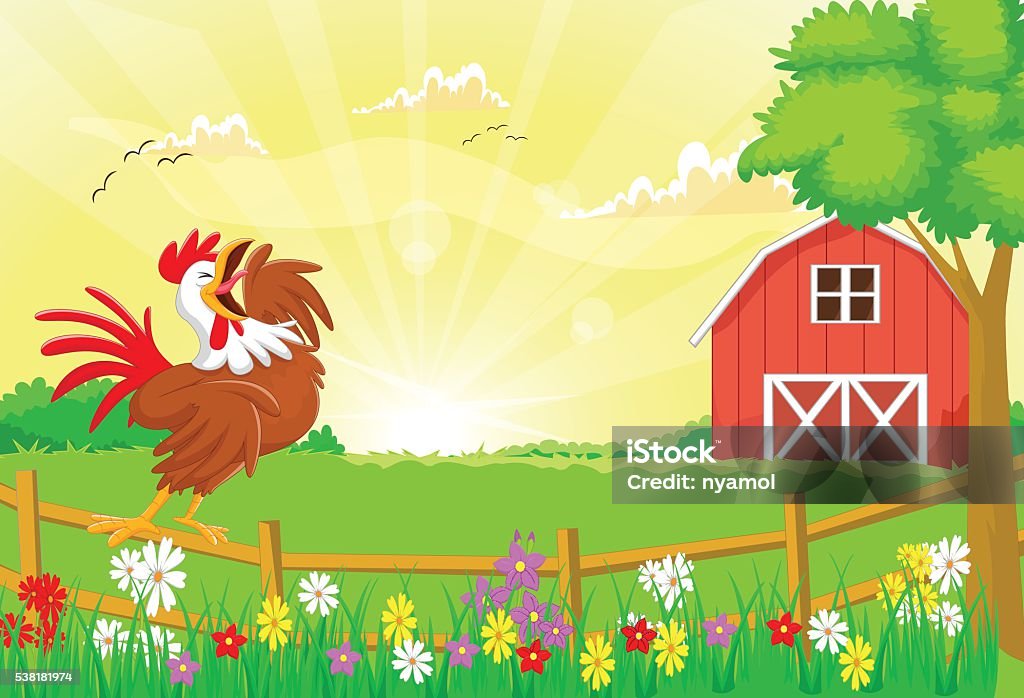 cute rooster crowing in the farm fence vector illustration of cute rooster crowing in the farm fence Rooster stock vector