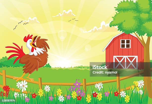 Cute Rooster Crowing In The Farm Fence Stock Illustration - Download Image Now - Rooster, Sunrise - Dawn, Crowing