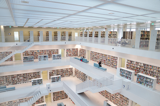 Stuttgart, Germany - May 21, 2015: The Stuttgart Public Library, opened in October 2011, and placed at Mailander Platz, was designed by Yi Architects and has more than 500,000 books.
