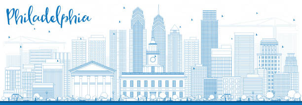 ilustraciones, imágenes clip art, dibujos animados e iconos de stock de contorno de los edificios de la ciudad de filadelfia en el horizonte y azul. - philadelphia