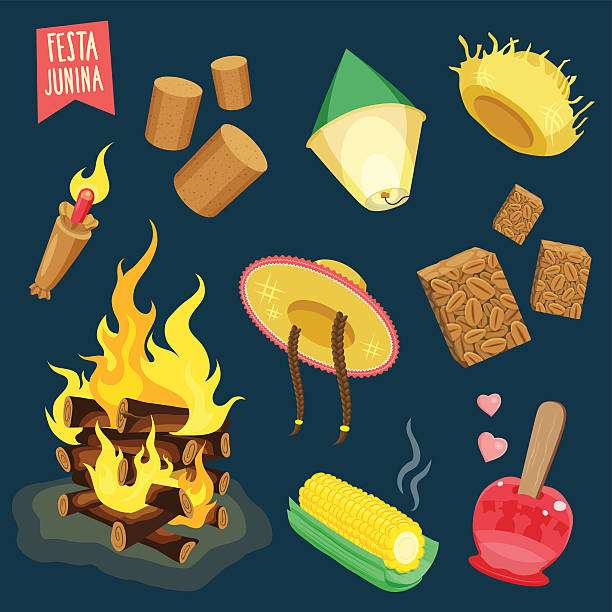 Festa Junina, brazilian june fest icons EPS 10 funny icons Bonfire stock illustrations