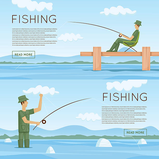 illustrazioni stock, clip art, cartoni animati e icone di tendenza di estate pesca. estate paesaggio con il fiume. - nautical vessel fishing child image