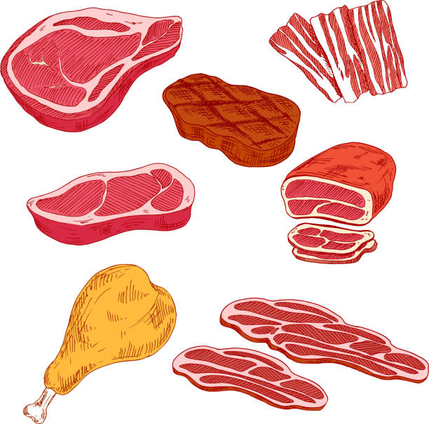 ilustrações de stock, clip art, desenhos animados e ícones de frescos e produtos à base de carne cozinhados para churrasco projeto - roast beef illustrations