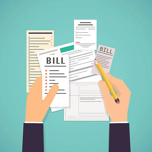 Vector illustration of Paying bills. Hands holding bills and pencil. Payment of utility