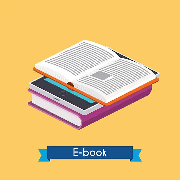 Vector illustration of Flat 3d isometric e-book reader and books. Online reading. E-lea