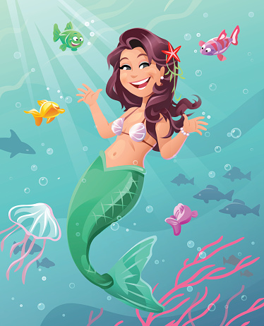 Illustration of a cute cheerful mermaid with long dark hair and a green swimming underwater. She is sourounded by curious little fish, corals and jellyfish.